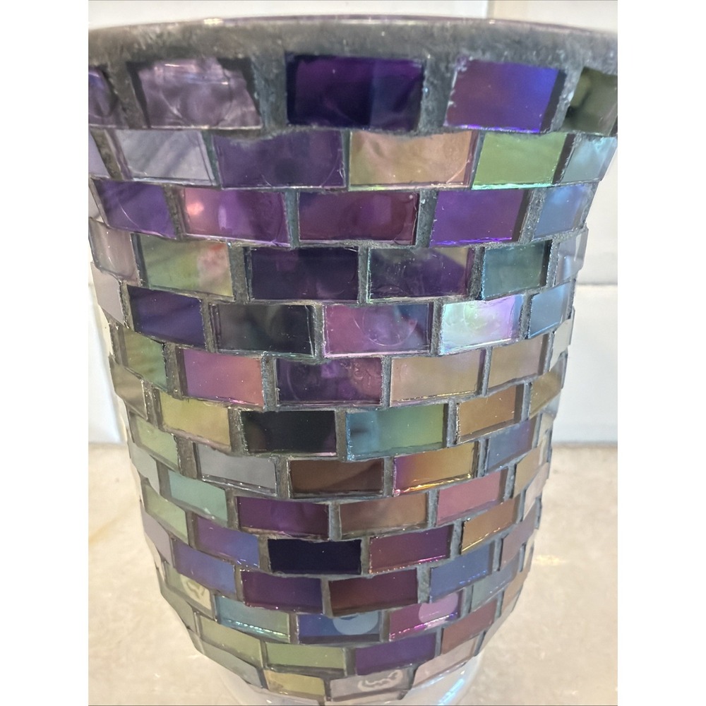 Stunning Vtg Iridescent Purple GLASS MOSAIC HURRICANE LAMP/candle Holder GW993 - Picture 2 of 10